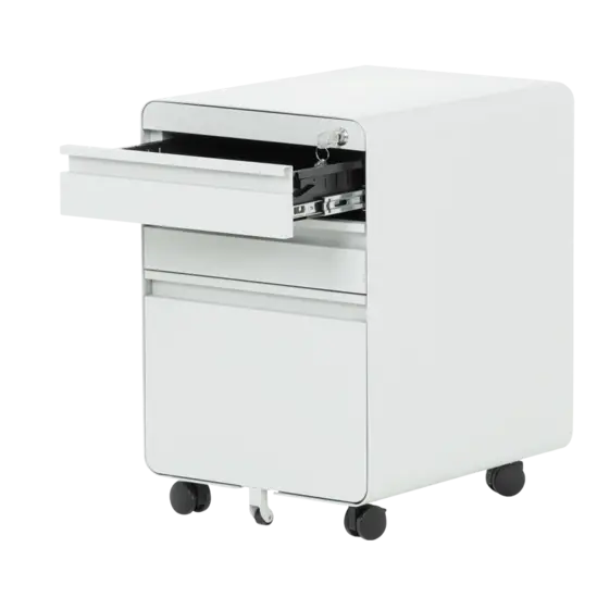 Метален контейнер V BTL с 3 чекмеджета - сниман от десен ъгъл, с отворено горно чекмедже, празен, сив на цвят