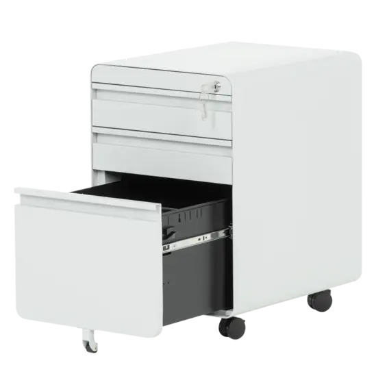 Метален контейнер V BTL с 3 чекмеджета - сниман от десен ъгъл, с отворено средно чекмедже, празен, сив на цвят