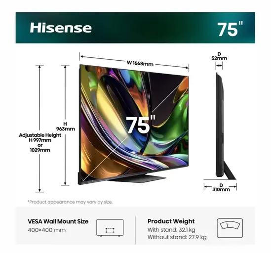Телевизор Hisense 75" UR8S, 4K Ultra HD 3840x2160, RGB Mini Led , DLED, Quantum Dot, 180Hz, IPS, HDR 10+, HLG, Dolby Vision IQ, Dolby Atmos, Smart TV,Light Sensor,WiFi 6eGHz, WiFi Direct, BT,2x10 W + 20 W + 2x5 W, Anyview Cast, 4xHDMI, 2xUSB, LAN, CI+, DV