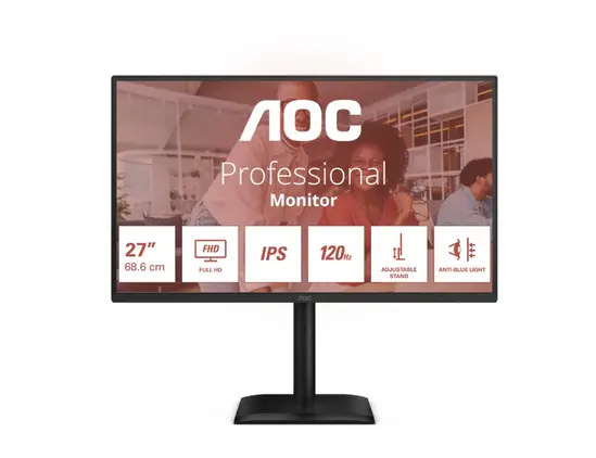 Монитор AOC 27E4U, 27" IPS WLED, 1920x1080@120Hz, 4ms GtG, 300cd m2, 1500:1, 20M:1 DCR, Adaptive Sync, FlickerFree, Anti Blue Light, 2Wx2, Tilt, Height Adjust, Pivot, Swivel, D-SUB, HDMI, USB Hub