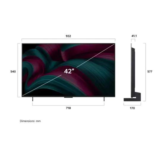 Телевизор LG OLED42C51LA, 42' UHD OLED evo, 4K (3840 x 2160), DVB-CT2S2, Full Cinema Screnn, Alpha 9 AI 4K Gen8, 120Hz Native (VRR 144Hz), ThinQ AI, HDR10, VRR, NVIDIA G-SYNC, AMD FreeSync, Dolby Vision, Dolby Atmos, Wi-Fi 6, Bluetooth, HDMI, USB, Airpl