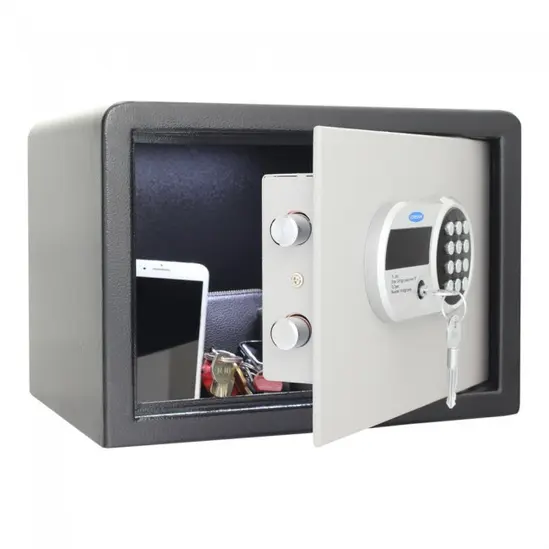 Отворен метален сейф UNS TRL1 - сниман отпред, с вещи вътре