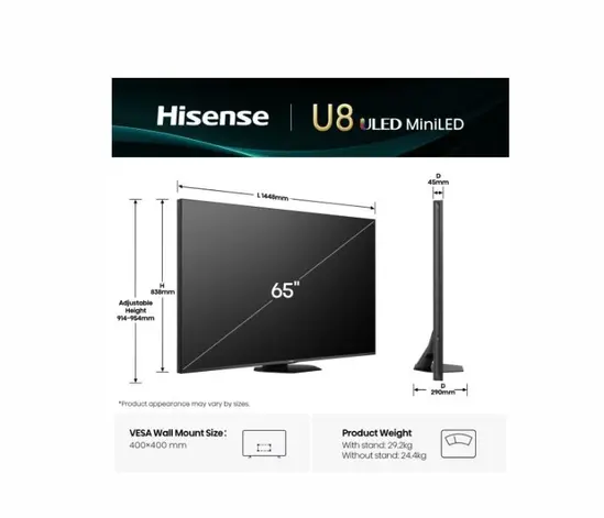 Телевизор Hisense 65' U8Q, 4K Ultra HD 3840x2160, Mini Led Pro, FALD, Quantum Dot, 165Hz, IPS, HDR 10+, HLG, Dolby Vision IQ, Dolby Atmos, Smart TV,Light Sensor,WiFi 5GHz, WiFi Direct, BT, Anyview Cast, 3xHDMI, 2xUSB, LAN, CI+, DVB-T2CS2, Black