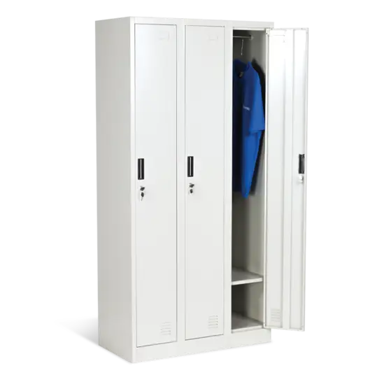 Метален гардероб BTL L с 3 отделения 185х90х45 см, бял, сниман отстрани, с дясната врата отворена, пълен с дрехи