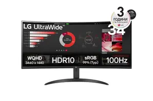 Монитор LG 34WR50QK-B, 34" UltraWide Curved, AG, VA, 5ms, 1ms MBR, 3000:1, 300 cdm2, 21:9, WQHD 3440x1440, HDR 10, sRGB 99%, FreeSync, 100 Hz, HDMI, DisplayPort, Tilt, Reader Mode, PBP, Headphone Out, Black