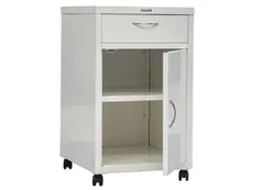 Метален медицински шкаф PMT TP2 - бял, сглобен, сниман в отпред, горното чекмедже е затворено, а долното е отворено, празен