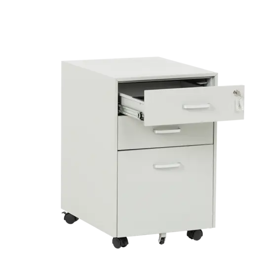 Метален контейнер J  BTL с 3 чекмеджета, с дръжки -  сив, сниман отпред, отворено горно чекмедже, празен