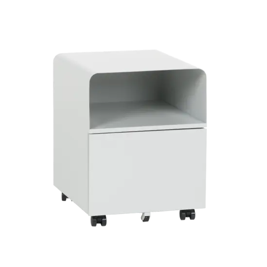 Метален контейнер O BTL с едно чекмедже. Сниман отсрани, празен, сив на цвят