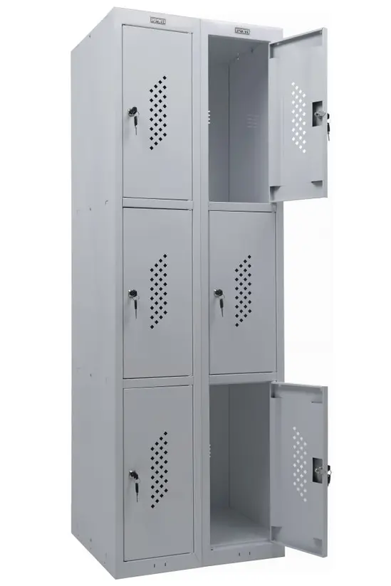Метален гардероб PMT с 6 отделениe 183х60х50 см - сниман отстрани, горна дясна и долна дясна врата отворени, празен, сив