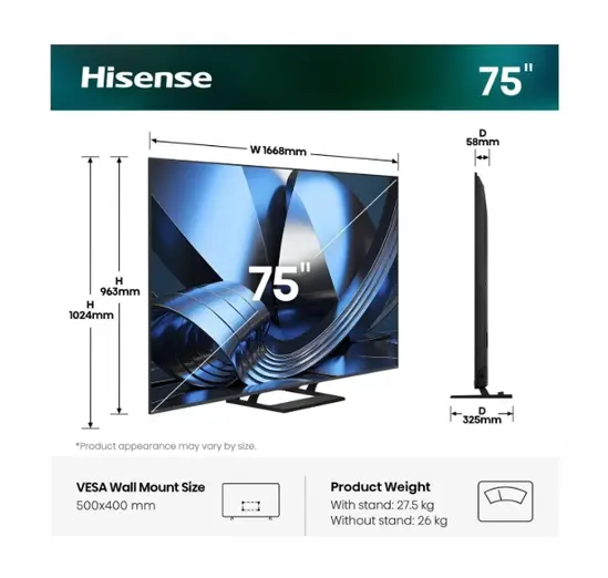 Телевизор Hisense 75"U7SE, 4K Ultra HD 3840x2160, ULED, FALD, Quantum Dot, 144Hz, IPS, HDR 10+, HLG, Dolby Vision IQ, Dolby Atmos, Smart TV, WiFi 5GHz, WiFi Direct, BT, Anyview Cast,light sensor, 4xHDMI, 2xUSB, LAN, CI+, DVB-T2/C/S2, Black