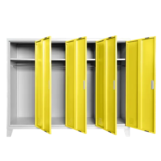 Метален гардероб детски BTL JZ с 4 отделения 130x160x40 см жълт с 4 отворени врати, по един рафт на отделение и лостове за закачалки