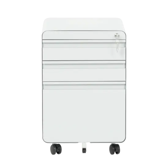 Метален контейнер V BTL с 3 чекмеджета - сниман от ляв ъгъл, сив на цвят, затворени чекмеджета, сниман в профил, сив на цвят, затворени чекмеджета