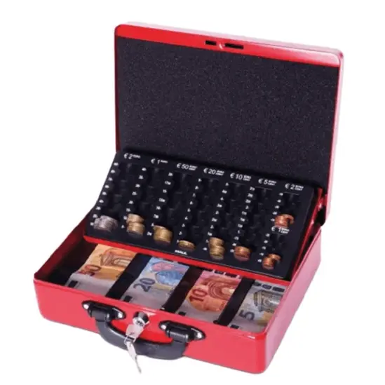 Метална кутия с евро монетник 300х245х93 мм червена със заключващ механизъм