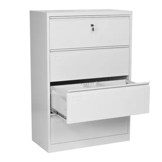 Метална картотека G BTL с 4 чекмеджета - сива на цвят, която е снимана в профил, предпоследното чекмедже е отворено