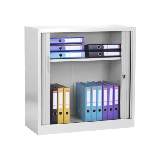 Метален шкаф BTL J с 2 отделения 90х90х40- с двете врати отворени, сниман отпред, пълен с класьори