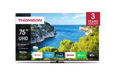 Телевизор Thomson Smart UHD TV 75'; Google TV; 3840 x 2160 (4K UHD), 4000:1, DLED, 60 Hz, DVB-T/T2/C/S/S2, HDR10, Wi-Fi, Bluetooth, LAN, HDMI 2 (2.0) + 2 (2.1), USB 2 (2.0) + 1 (3.0),Central Swivel Stand, Black