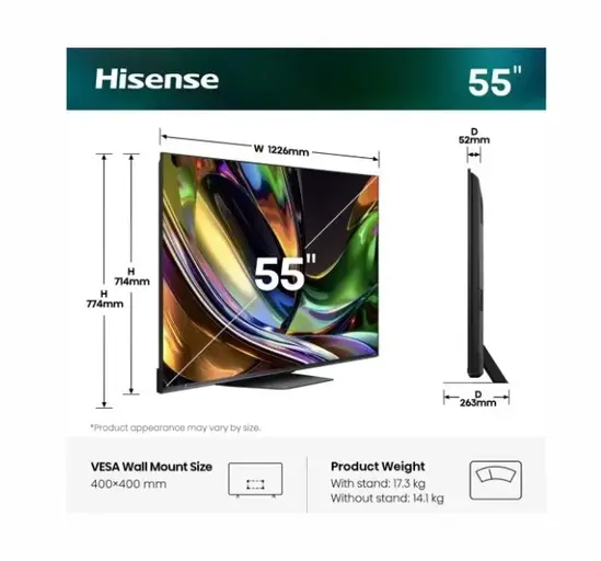 Телевизор Hisense 55" UR8S, 4K Ultra HD 3840x2160, RGB Mini Led , DLED, Quantum Dot, 180Hz, IPS, HDR 10+, HLG, Dolby Vision IQ, Dolby Atmos, Smart TV,Light Sensor,WiFi 6eGHz, WiFi Direct, BT,2x10 W + 20 W + 2x5 W, Anyview Cast, 4xHDMI, 2xUSB, LAN, CI+, DV