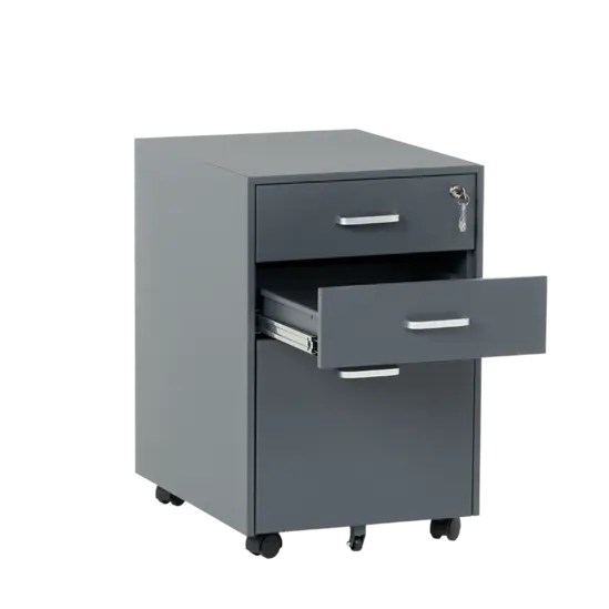 Метален контейнер J  BTL с 3 чекмеджета, с дръжки - графит, с отворено средно чекмедже, сниман отпред 