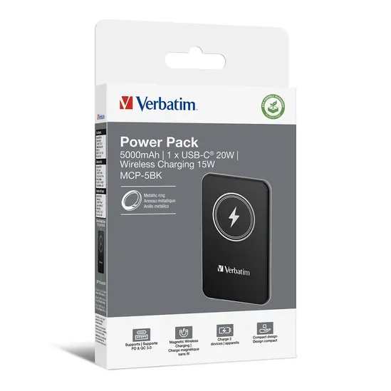 Външна батерия Verbatim MCP-5BK Power Pack 5000 mAh with UBS-C® PD 20W  Magnetic Wireless Charging 15W Black
