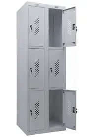 Метален гардероб PMT с 6 отделениe 183х60х50 см - сниман отстрани, горна дясна и долна дясна врата отворени, празен, сив