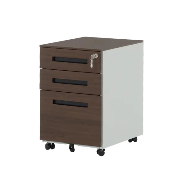 Метален контейнер K BTL с 3 чекмеджета - кафяв с черни дръжки, сниман отстрани, затворени чекмеджета, сниман от десен ъгъл