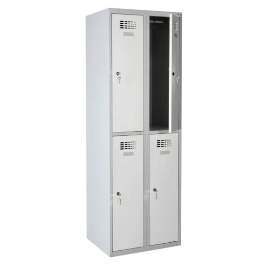 Метален гардероб FRT с 4 отделения 180х60х50 см - отворена горна дясна врата, сив, сниман отдалеч