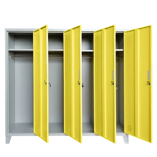Метален гардероб BTL JZ с 4 отделения 150x159x40 см жълт с 4 отворени врати и 4 рафта