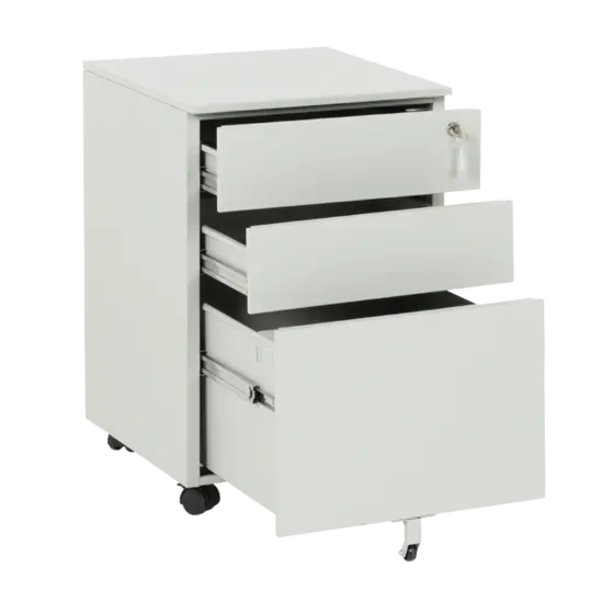 Метален контейнер J BTL с 3 чекмеджета, сниман отсрани, сив, отворени чекмеджета, празен