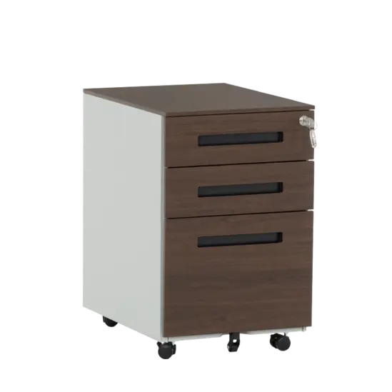 Метален контейнер K BTL с 3 чекмеджета - кафяв с черни дръжки, сниман отстрани, затворени чекмеджета