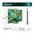Телевизор Hisense 75" E8S, 4K Ultra HD 3840x2160, ULED, Quantum Dot,144 Hz, HDR 10+, HLG, Dolby Vision, DTS Virtual X, Smart TV, Light Sensor, WiFi Direct, BT, Anyview Cast, 3xHDMI, 2xUSB, LAN, CI+, DVB-T2/C/S2,Singale stand, Black