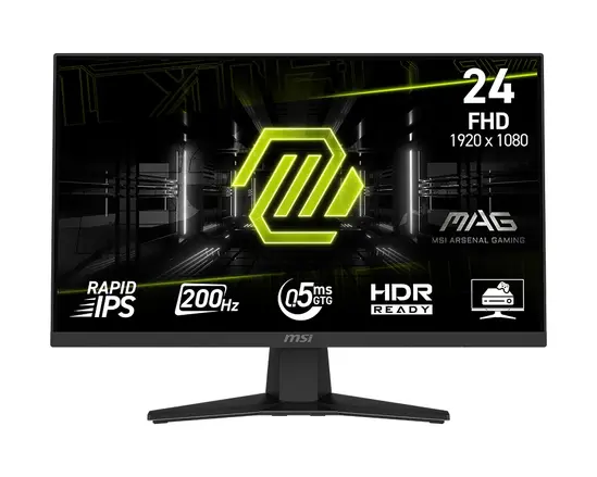 Монитор MSI MAG 244F Gaming Monitor, 23.8", 0.5ms, 200Hz Rapid IPS, 1920x1080, AMD FreeSync Premium, AI Vision, Console Mode, HDR Ready, 300nits AG, 1.07B, 1000:1, 100M:1, DP(1.2a), HDMI(2.0b), Headphone out, Tilt, VESA 100, Black, 2.9kg