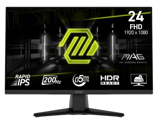 Монитор MSI MAG 242F, 23.8", 0.5ms, 200Hz, Rapid IPS, 1920x1080 (FHD), 16:9, AMD FreeSync Premium, 89% DCI-P3, AG, HDR Ready, 300 nits, 1000:1, DCR 100M:1, DP(1.2a), HDMI 2.0b, Tilt, VESA, Black, 3kg
