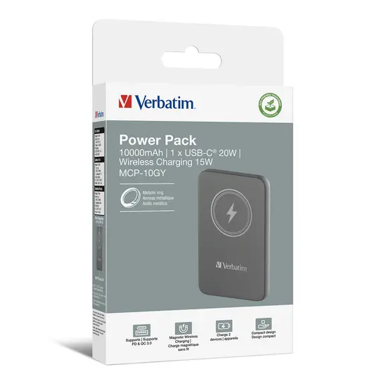 Външна батерия Verbatim MCP-10GY Power Pack 10000 mAh with UBS-C PD 20W  Magnetic Wireless Charging 15W Grey