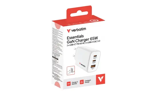 Зарядно устройство Verbatim Essentials GaN Charger 65W EU plug White