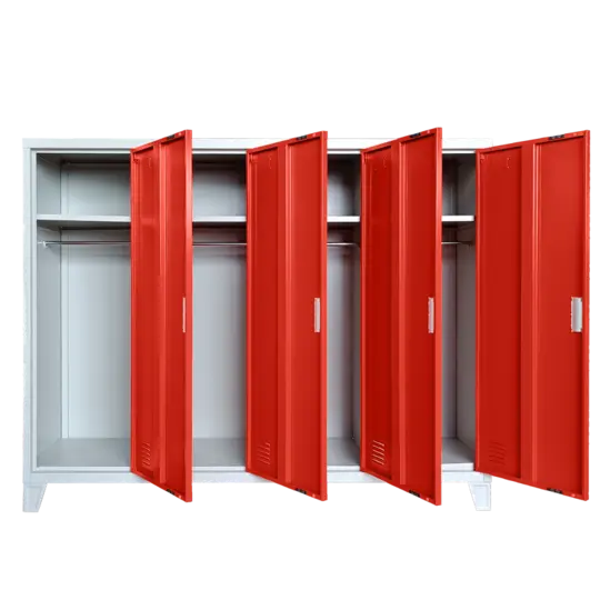 Метален гардероб детски BTL JZ с 4 отделения 130x160x40 см червен с 4 отворени врати, по един рафт на отделение и лостове за закачалки