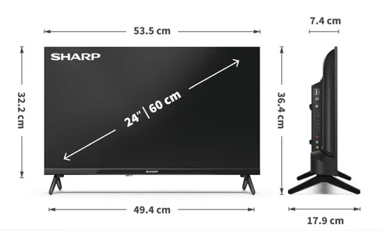 Телевизор Sharp 24HA1205E, 24" LED HD 1366x768 Frameless, 100 000:1, DVB-TT2CSS2, Active Motion 100, Speaker 2x3W, Dolby Digital, CI+, 3xHDMI (ARCCEC), 2xUSB, LAN, VideoAudio input (3 x RCA), Hotel Mode, E, 2 pole Stand