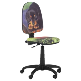 Детски стол КУЧЕ- снимка отстрани, черна база, с куче