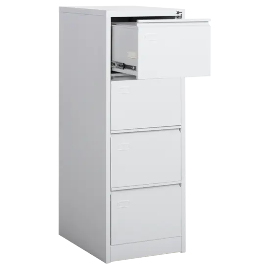 Метална картотека B BTL с 4 чекмеджета - снимана от ляв ъгъл, сива на цвят, с отворено горно чекмедже, празна