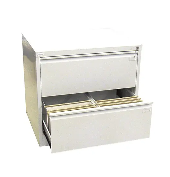 Метална картотека FRT с 2 двойни чекмеджета- сив на цвят, сниман отпред, с отворено чекмедже, което е с две отделения, напълнено с папки