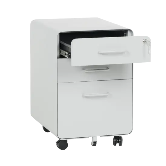 Метален контейнер A BTL с 3 чекмеджета - сиво, снимано от ляв ъгъл, с отворено горно чекмедже, празен