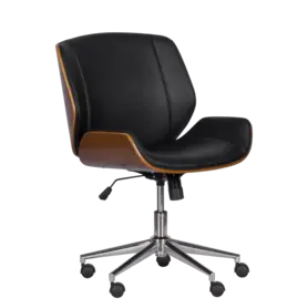 Работен стол КАТРИН-снимка отпред, черна еко кожа, дъвен детайл