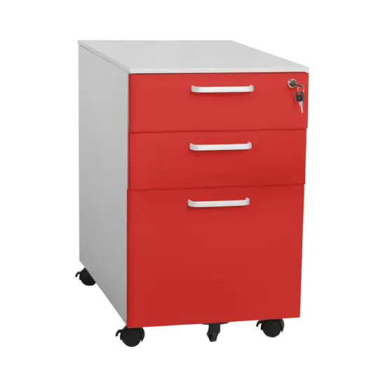 Метален контейнер M BTL с 3 чекмеджета - сниман отстрани, червен на цвят, със затворени чекмеджета