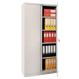 Архивен шкаф PMT с 5 отделения 183х91.5х37 см - с отворена дясна врата, пълен с класьори, сниман под ъгъл