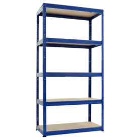 Снимка отпред – син метален стелаж BTL 180x90x40 см с 5 МДФ рафта