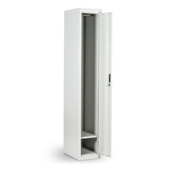 Метален гардероб BTL EL с 1 отделение 185х30х45 см - сниман отпред, с отворена врата, сив 