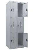 Метален гардероб PMT с 6 отделениe 183х60х50 см - сниман отстрани, горна дясна и долна дясна врата отворени, празен, сив
