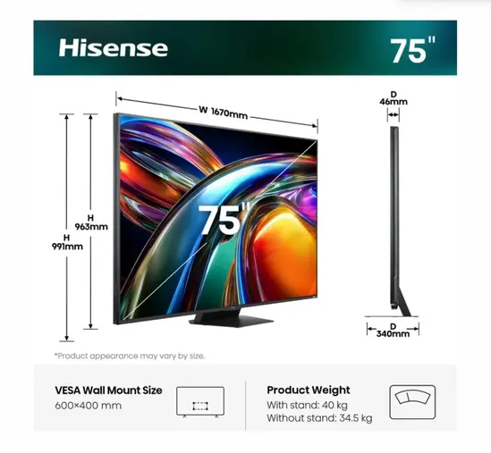 Телевизор Hisense 75" UR9S, 4K Ultra HD 3840x2160, RGB Mini Led , DLED, Quantum Dot, 180Hz, IPS, HDR 10+, HLG, Dolby Vision IQ, Dolby Atmos, Smart TV,Light Sensor,WiFi 6eGHz, WiFi Direct, BT,2x15 W + 2x10 W + 20 W + 2x10W, Anyview Cast, 3xHDMI, 2xUSB, LAN
