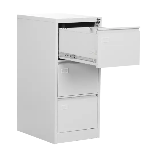 Метална картотека J BTL с 3 чекмеджета - сива на цвят, снимана под ъгъл, с горно чекмедже отворено