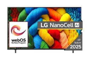 Телевизор LG 65NANO80A3B, 65" 4K HDR Smart Nano Cell TV, 3840x2160, DVB-T2/C/S2, AI Alpha 7, HDR 10 PRO, webOS 25, ThinQ AI, VRR, ALLM, HGiG, WiFi, Clear Voice, AI Upscaling, Bluetooth, Hdmi e-ARC , CI, LAN, AirPlay2, Chromecast, 2 Pole stand, Black