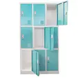 Метален гардероб с 9 отделения 90x45x185 см 3 цвята - тюркоаз, сниман отпред, с отворени врати на диагонал, празен